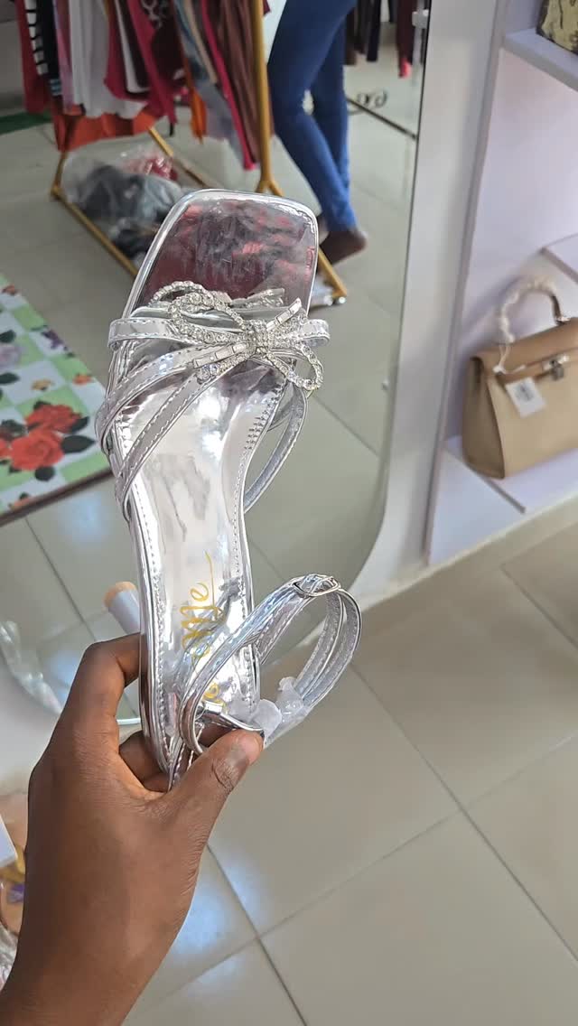 Women's Metallic Silver Rhinestone Bow Square Toe Heeled Sandals