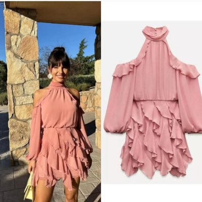 Women's Halter Neck Cold Shoulder Ruffle Chiffon Mini Dress