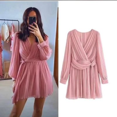 Women's Pleated Long Sleeve Wrap V-Neck Chiffon Mini Dress