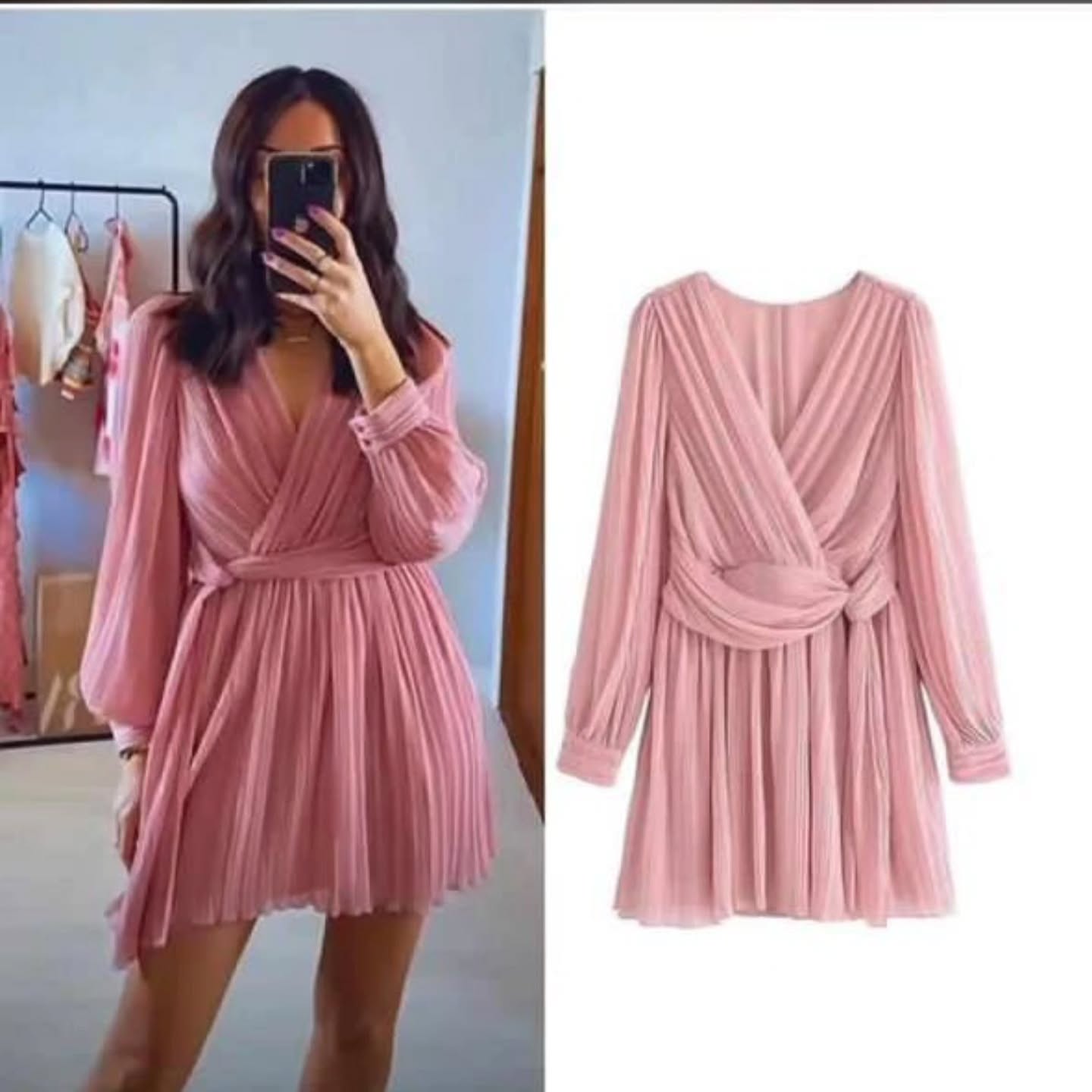 Women's Pleated Long Sleeve Wrap V-Neck Chiffon Mini Dress
