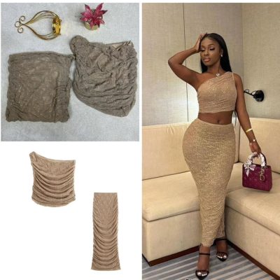 Women's Shimmer Ruched One-Shoulder Crop Top and Maxi Skirt Two-Piece Set