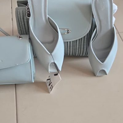 ZARA Mint Ice Blue Peep-Toe Mule Heels and Coordinating Handbag Set