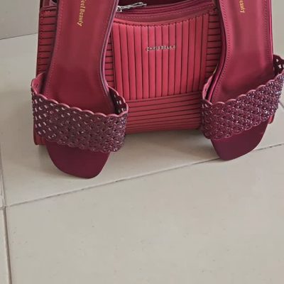 Chrisbella Wine Red Pleated Handbag with Matching Embellished Slide Sandals Set