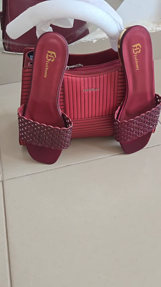 Chrisbella Wine Red Pleated Handbag with Matching Embellished Slide Sandals Set