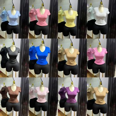 Women's Ribbed V-Neck Short Sleeve Slim-Fit Top