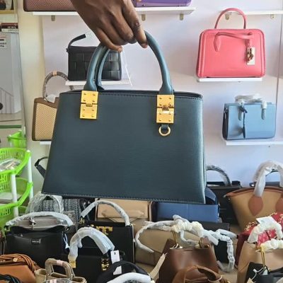 Slate Blue Structured Tote Bag with Gold Hardware